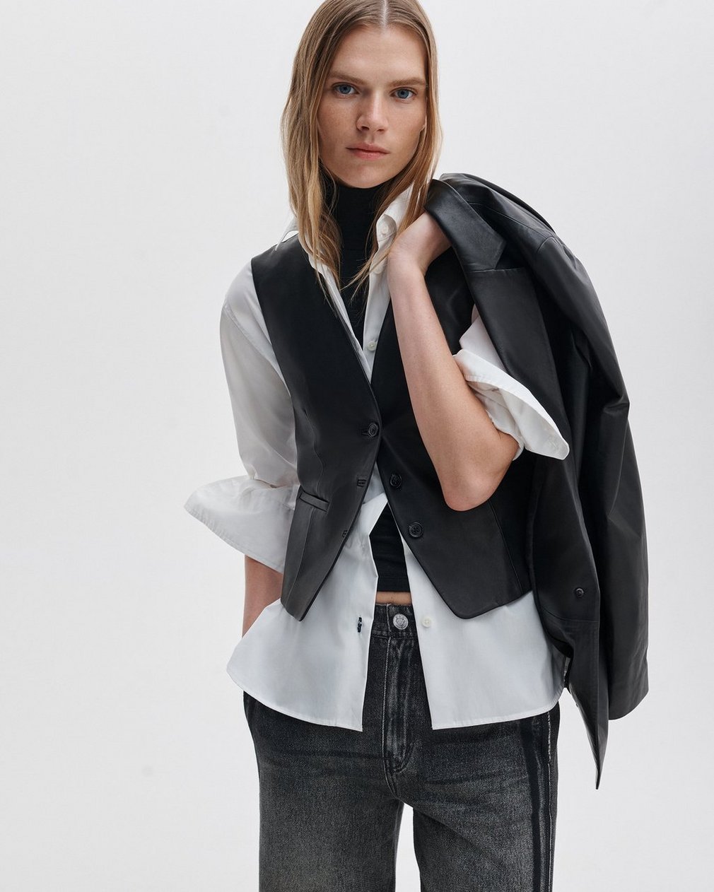 Jennifer Leather Two-in-One Blazer - Black - Image 4