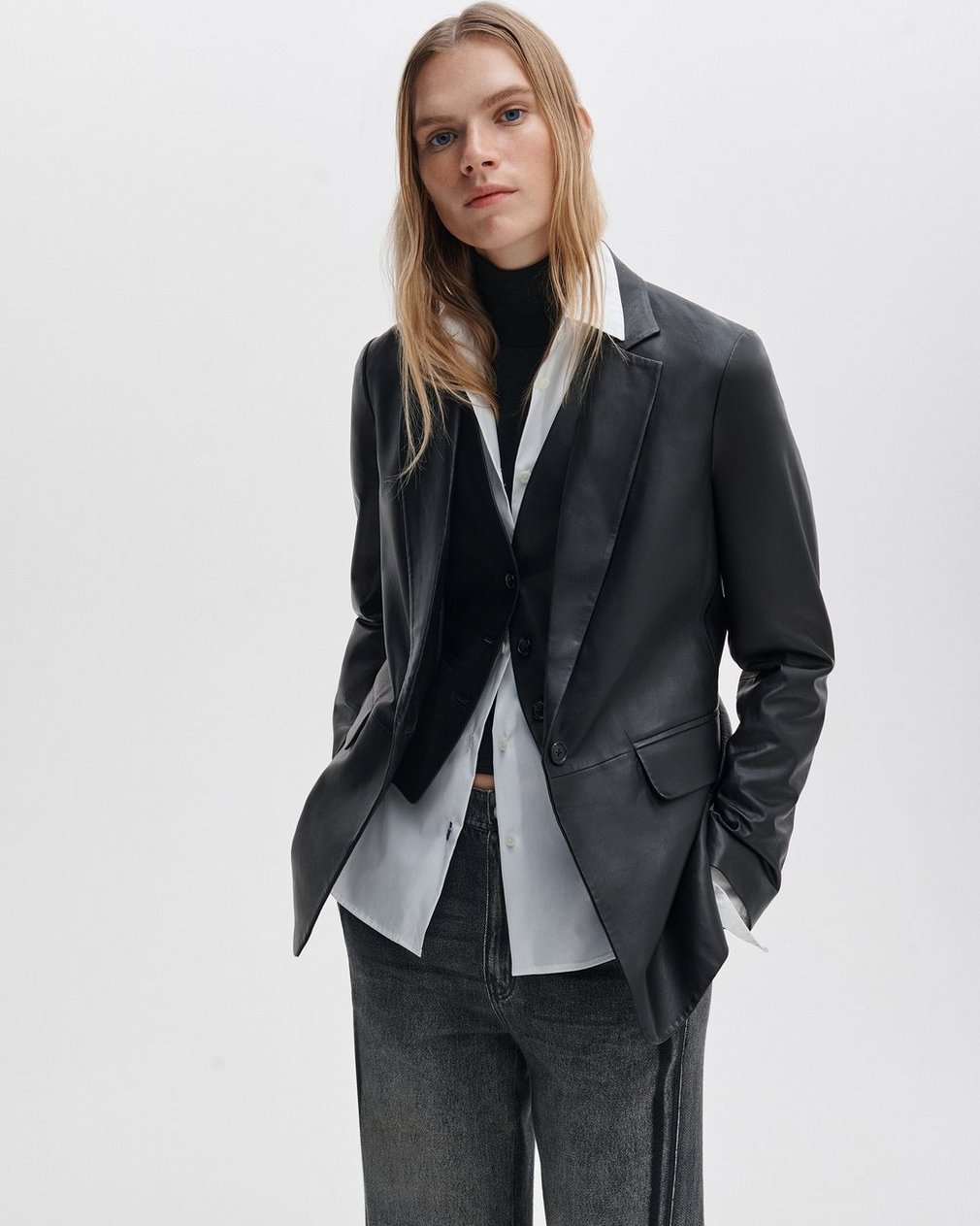Jennifer Leather Two-in-One Blazer - Black - Image 5