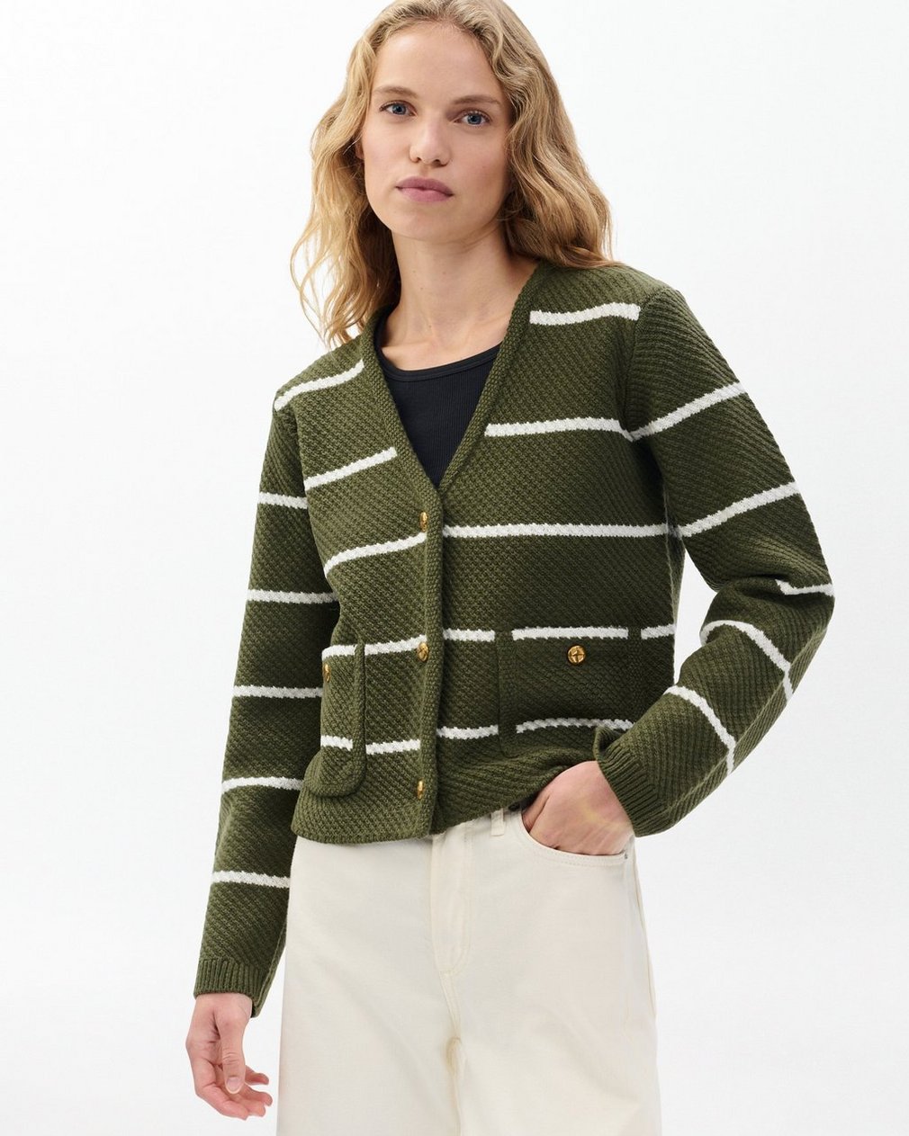 Peggy Striped Wool V-Neck Cardigan - Army Multi - Image 4