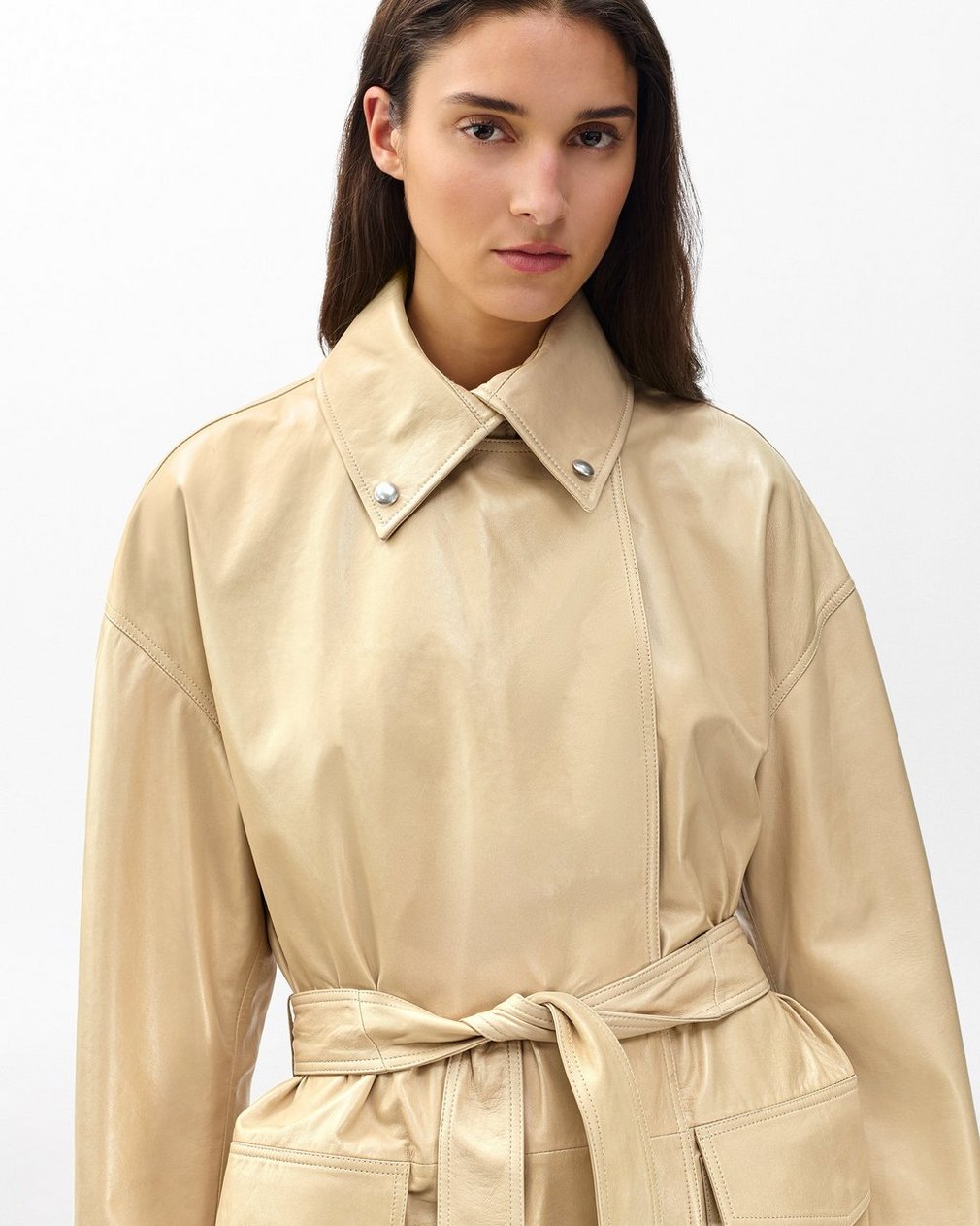 Rue Lamb Leather Trench Coat - Tan - Image 4
