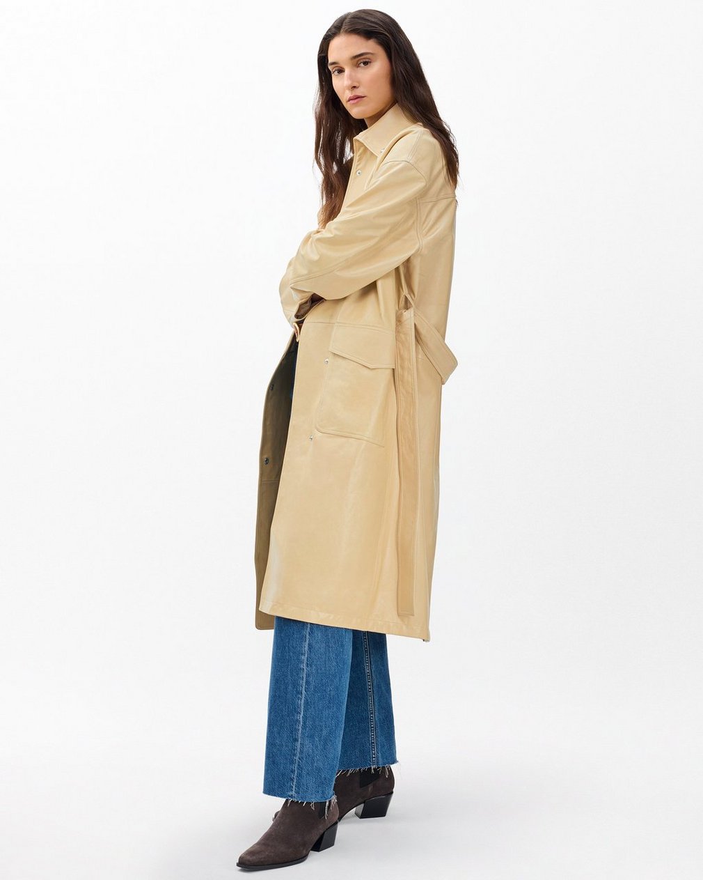 Rue Lamb Leather Trench Coat - Tan - Image 8