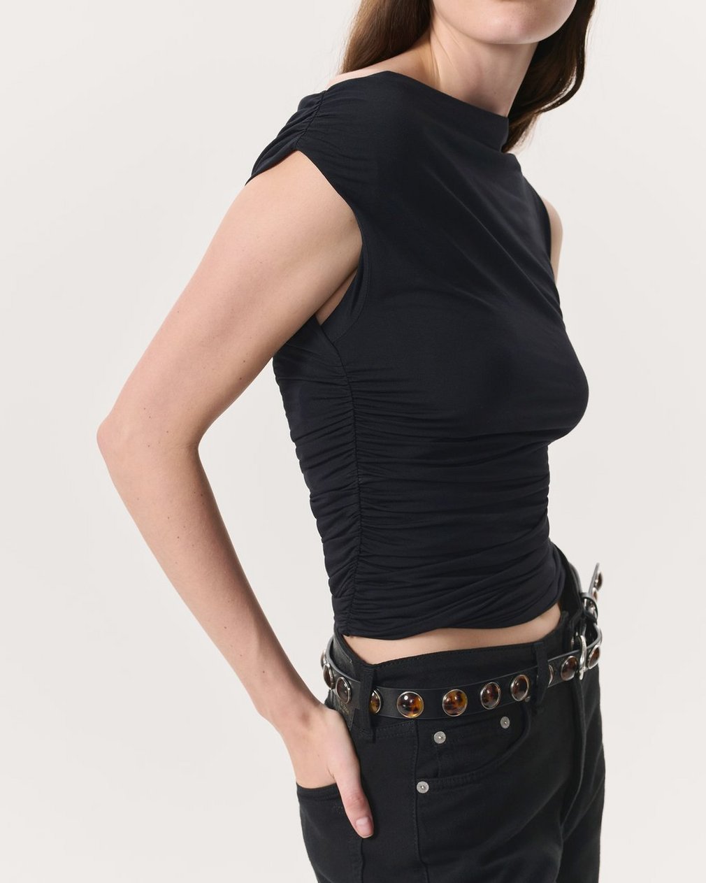 Luca Shirred Scoop-Neck Top - Black - Image 6
