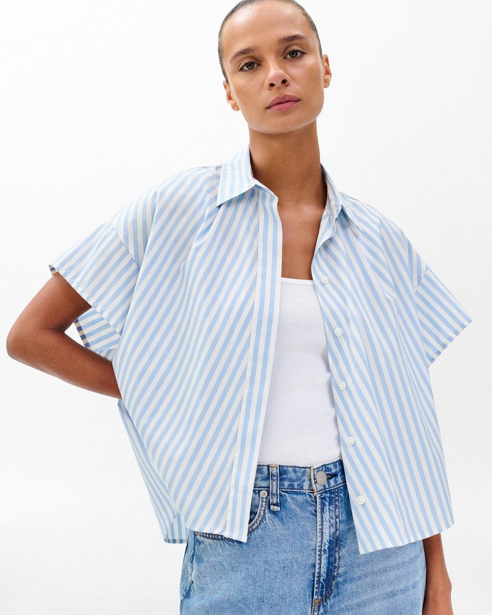 Martha Striped Short-Sleeve Shirt - Light Blue Stripe - Image 3