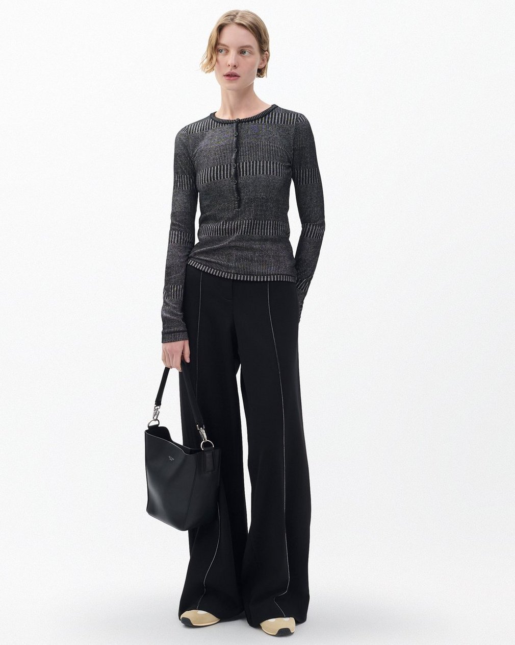 The Knit Striped Ribbed Henley - Black White Multi - Image 3