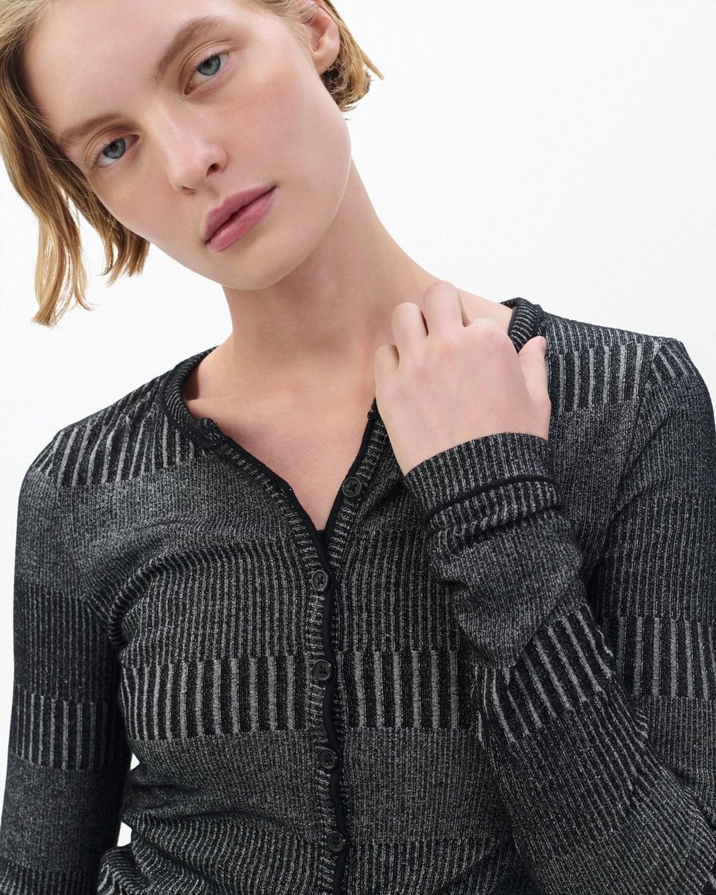 The Knit Striped Ribbed Henley - Black White Multi - Image 4