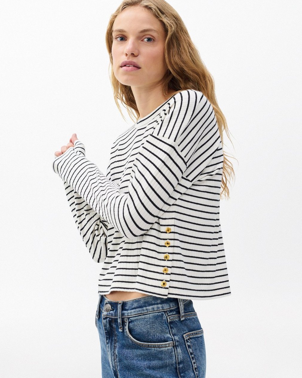 The Knit Striped Long-Sleeve Tee - Beige Multi