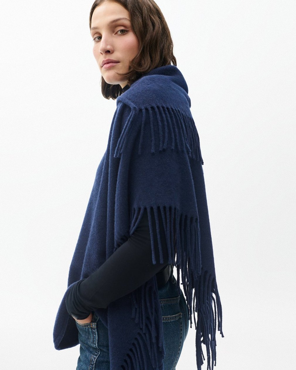 Darcey Italian Wool Cowl Poncho - Navy - Image 5