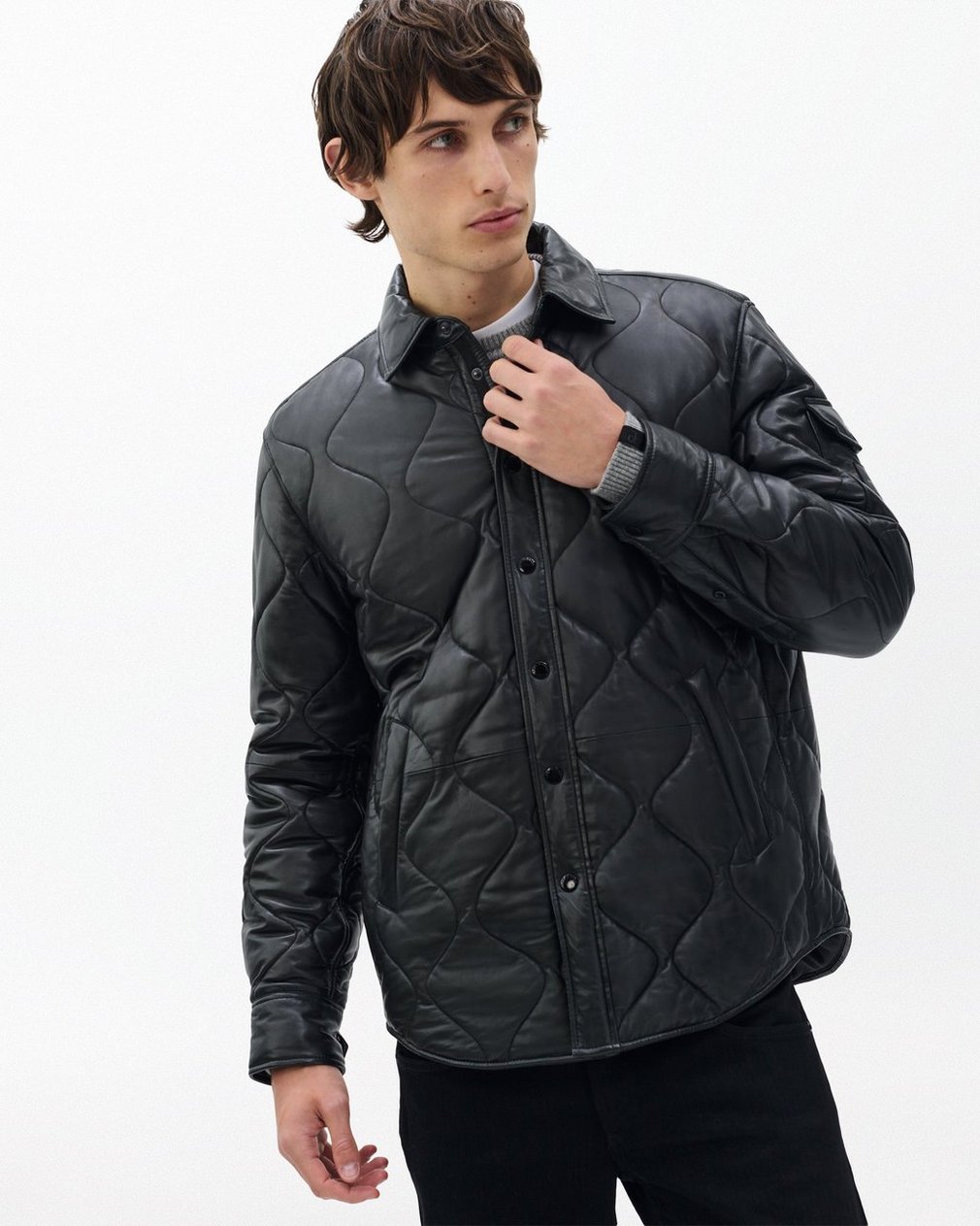 Dane Leather Quilted Shirt Jacket - Black - Image 3