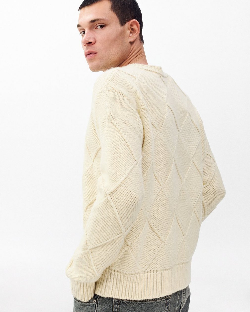 Hand-Knit Entrelac Wool Sweater - Ivory - Image 5