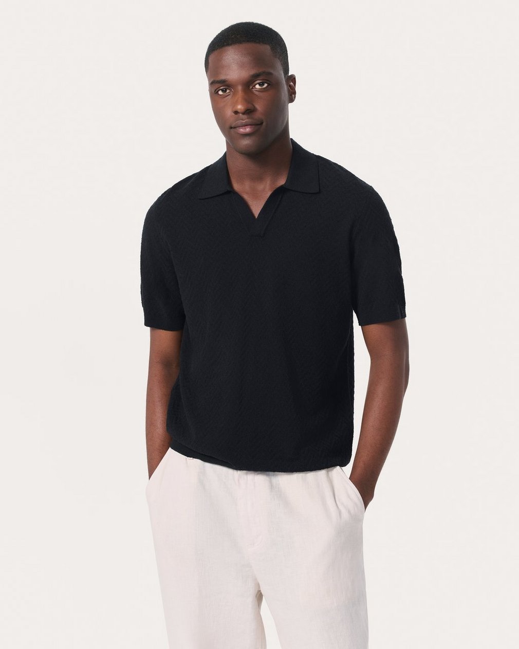 Zuma Herringbone Knit Polo Shirt - Black - Image 2